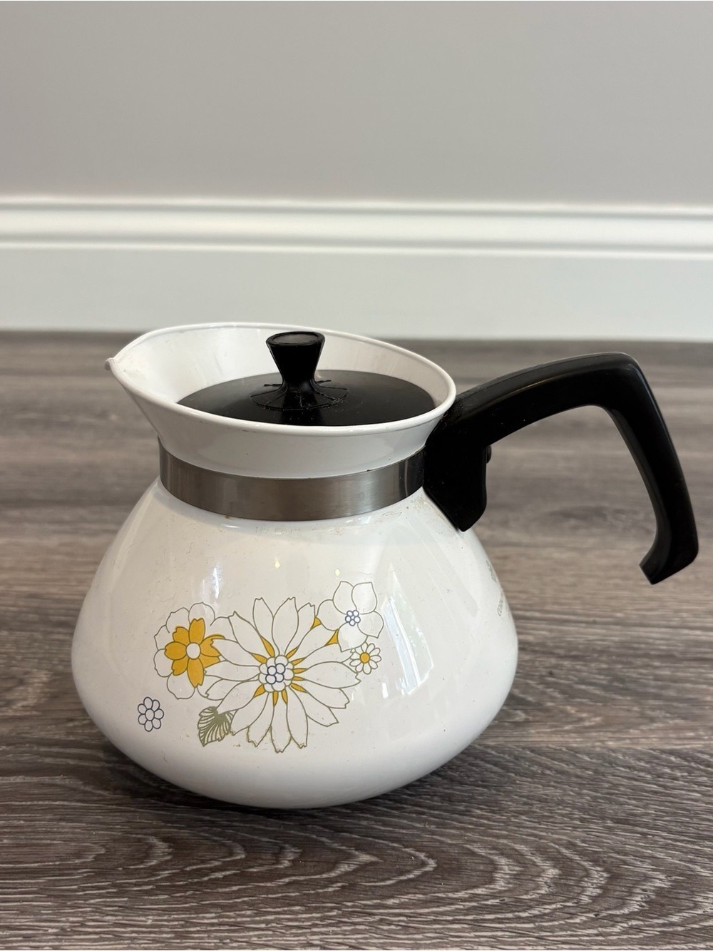 Corningware White Floral Coffee Pot with Black Handle